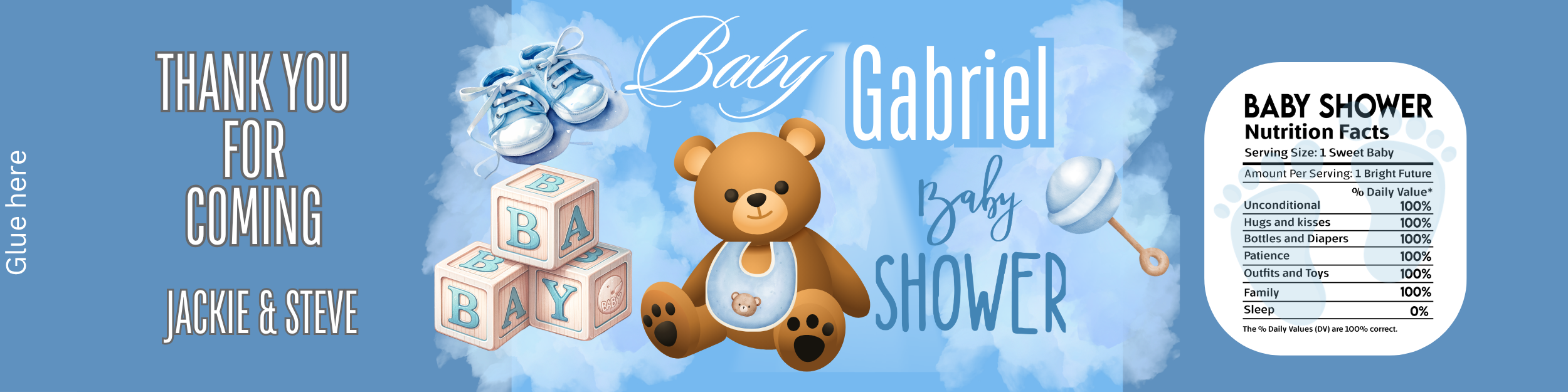 Custom Baby Shower Water Bottle Stickers Labels Blue Set of 50