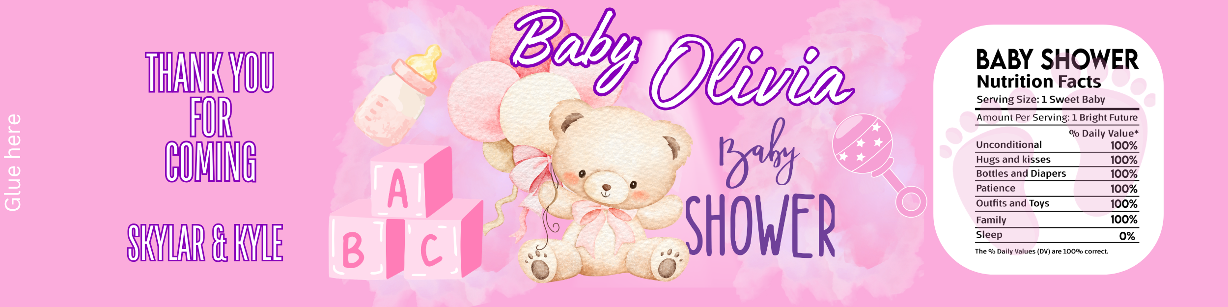 Custom Baby Shower Water Bottle Stickers Labels Pink Set of 50